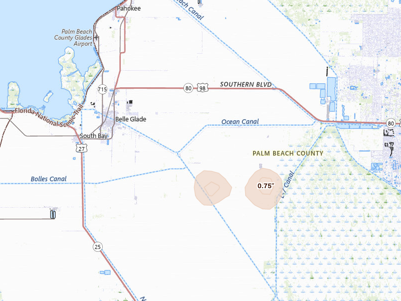 Radar-estimated hail-size map of the storm over Belle Glade, FL on Jul 26, 2026