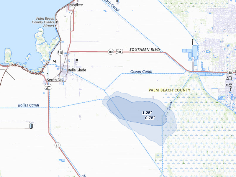 NEXRAD radar-signature map of the hail storm over Belle Glade, FL on Jul 26, 2026