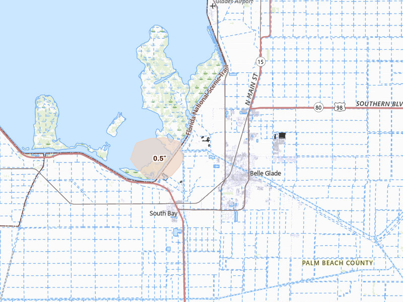 Radar-estimated hail-size map of the storm over Belle Glade, FL on Aug 4, 2026