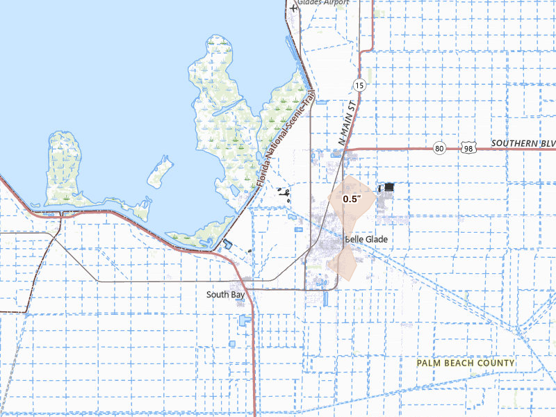 Radar-estimated hail-size map of the storm over Belle Glade, FL on Aug 5, 2026