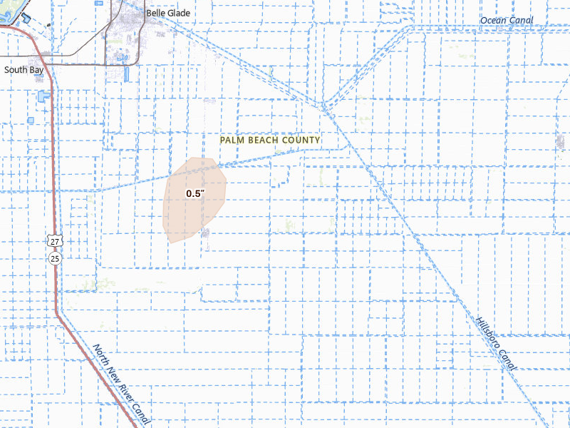 Radar-estimated hail-size map of the storm over Belle Glade, FL on Aug 27, 2026