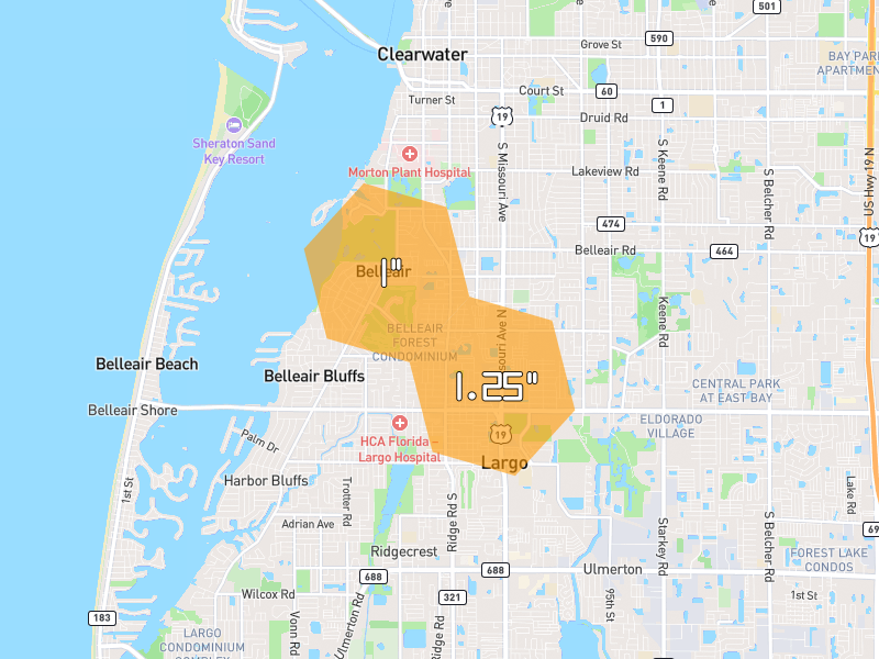 Hail map of Belleair, FL on Jul 10, 2026, hail up to 1.25"