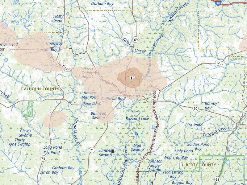 Radar-estimated hail-size map of the storm over Blountstown, FL on Jun 30, 2026