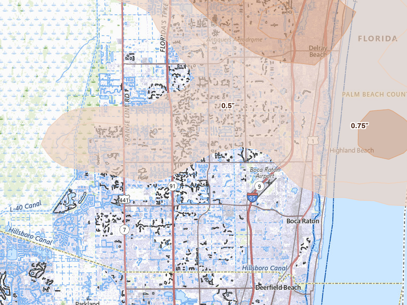 Radar-estimated hail-size map of the storm over Boca Raton, FL on Feb 28, 2026