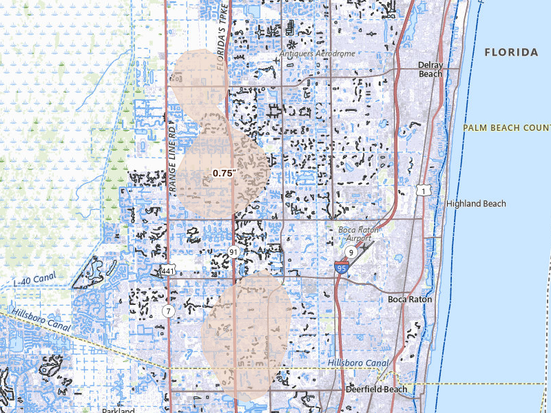 Radar-estimated hail-size map of the storm over Boca Raton, FL on Jun 24, 2026