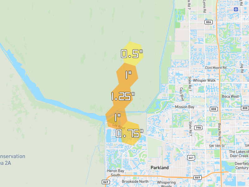 Hail map of Boca Raton, FL on Jul 4, 2026, hail up to 1.25"