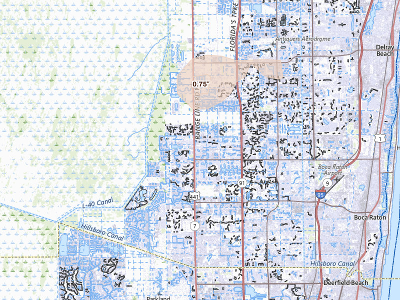 Radar-estimated hail-size map of the storm over Boca Raton, FL on Aug 23, 2026