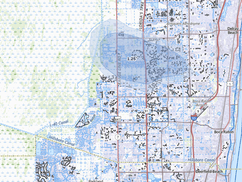 NEXRAD radar-signature map of the hail storm over Boca Raton, FL on Aug 23, 2026