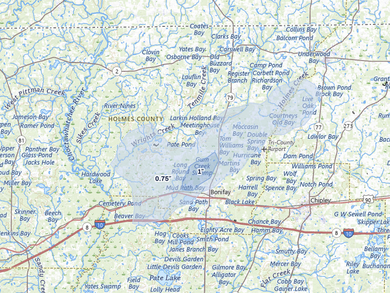 NEXRAD radar-signature map of the hail storm over Bonifay, FL on Mar 16, 2026
