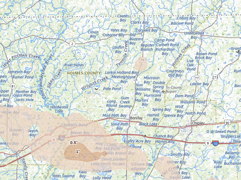 Radar-estimated hail-size map of the storm over Bonifay, FL on May 7, 2026