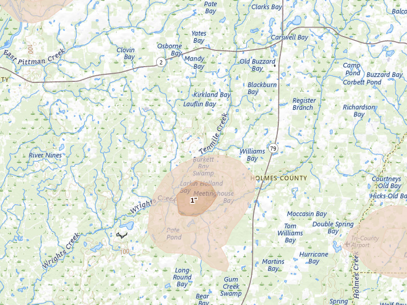 Radar-estimated hail-size map of the storm over Bonifay, FL on Aug 18, 2026