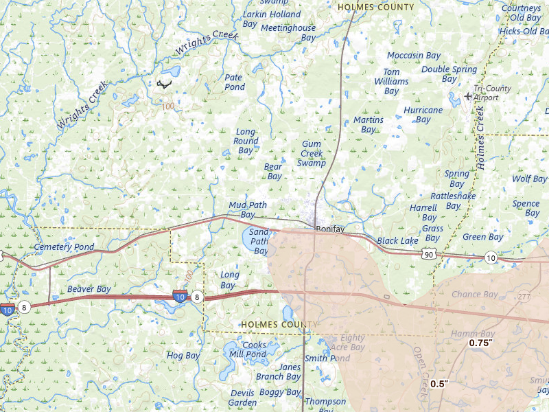 Radar-estimated hail-size map of the storm over Bonifay, FL on Aug 19, 2026