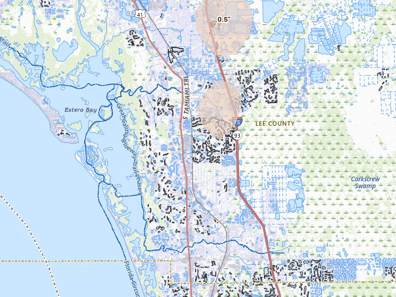 Radar-estimated hail-size map of the storm over Bonita Springs, FL on Jun 27, 2026
