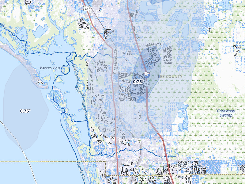 NEXRAD radar-signature map of the hail storm over Bonita Springs, FL on Jun 27, 2026