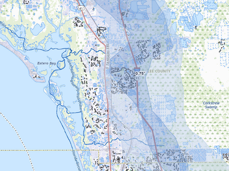 NEXRAD radar-signature map of the hail storm over Bonita Springs, FL on Jul 9, 2026