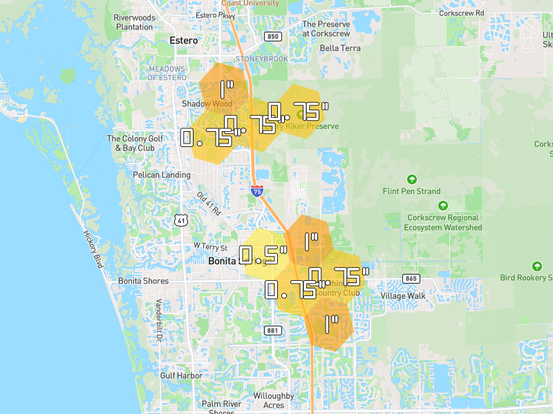 Hail map of Bonita Springs, FL on Jul 9, 2026, hail up to 1"