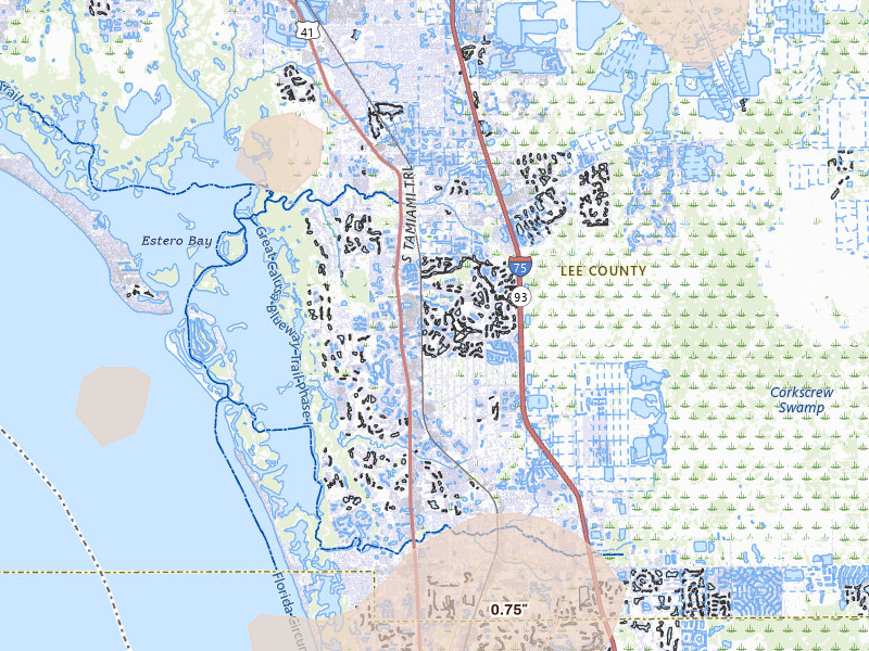 Radar-estimated hail-size map of the storm over Bonita Springs, FL on Jul 10, 2026