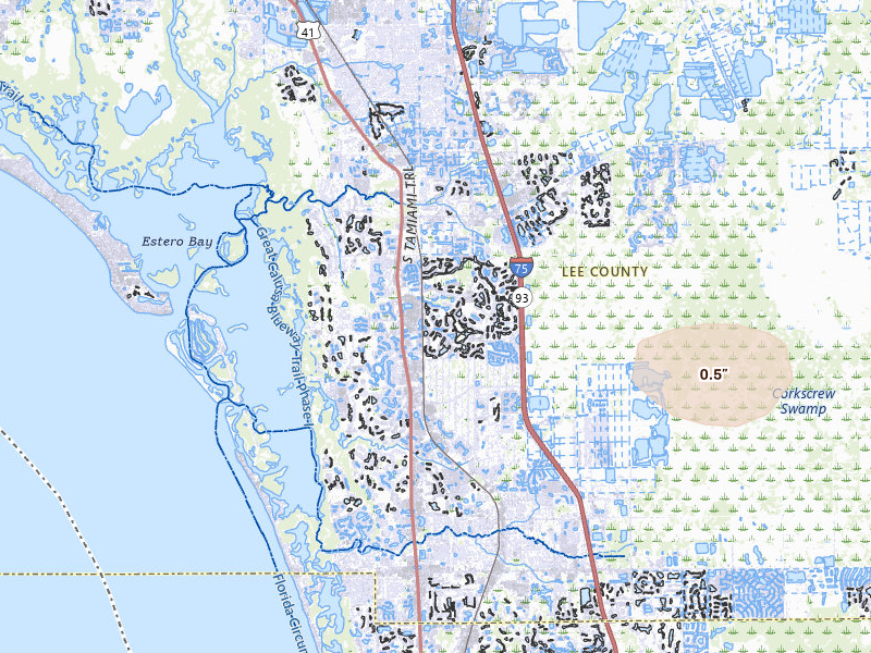 Radar-estimated hail-size map of the storm over Bonita Springs, FL on Jul 22, 2026
