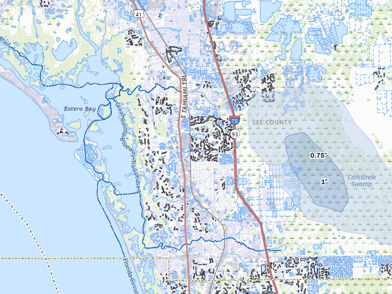 NEXRAD radar-signature map of the hail storm over Bonita Springs, FL on Jul 22, 2026