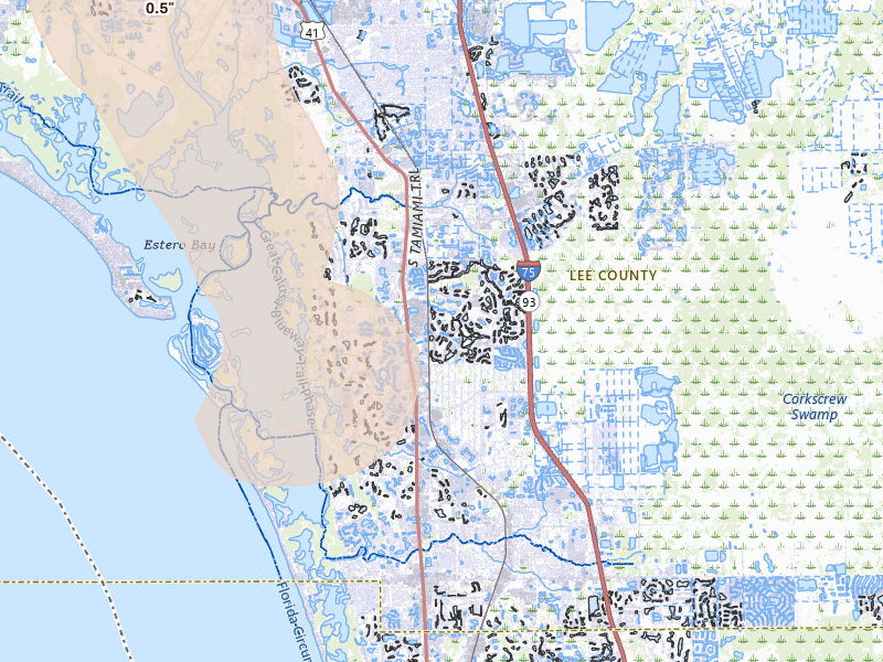 Radar-estimated hail-size map of the storm over Bonita Springs, FL on Aug 29, 2026
