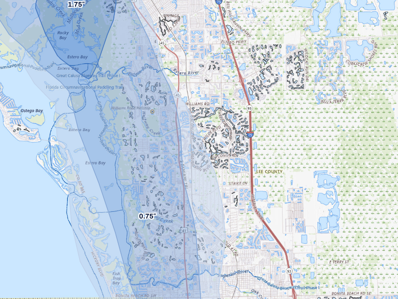 NEXRAD radar-signature map of the hail storm over Bonita Springs, FL on Aug 29, 2026