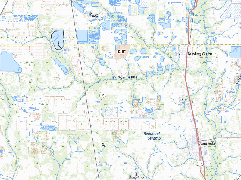 Radar-estimated hail-size map of the storm over Bowling Green, FL on Mar 8, 2026