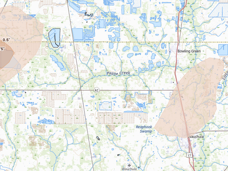 Radar-estimated hail-size map of the storm over Bowling Green, FL on Mar 15, 2026