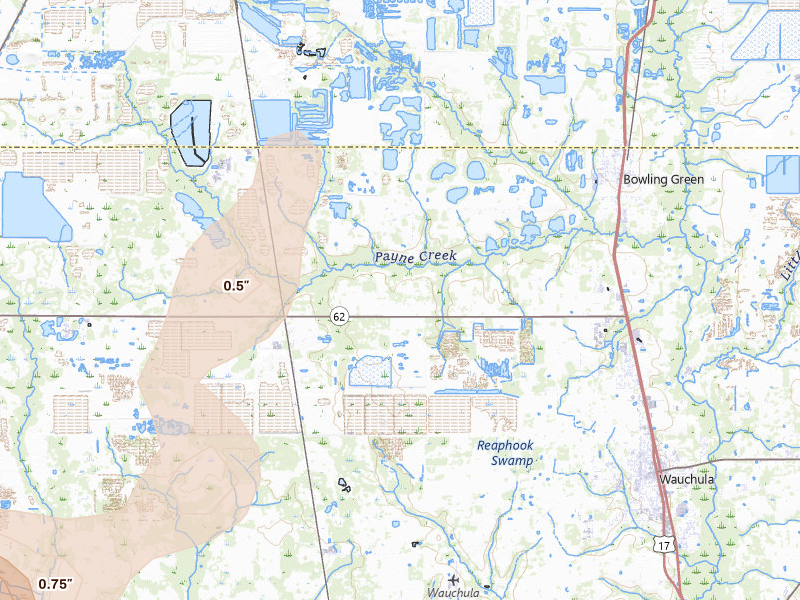 Radar-estimated hail-size map of the storm over Bowling Green, FL on Jun 26, 2026