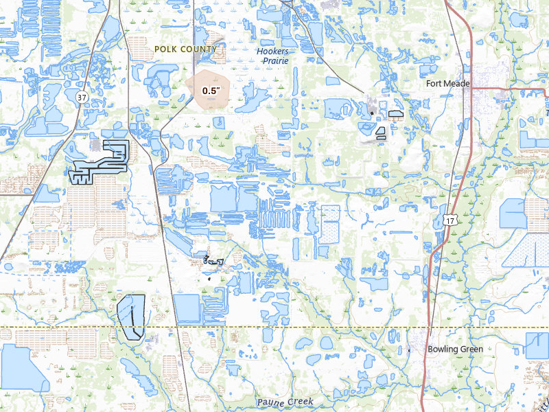 Radar-estimated hail-size map of the storm over Bowling Green, FL on Jun 29, 2026
