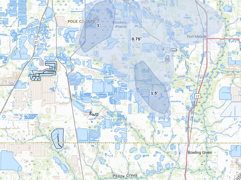 NEXRAD radar-signature map of the hail storm over Bowling Green, FL on Jun 29, 2026