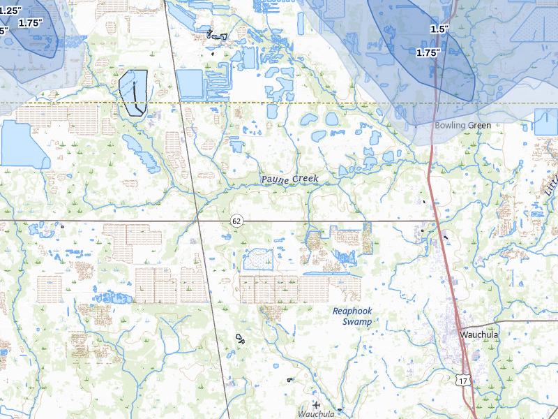 NEXRAD radar-signature map of the hail storm over Bowling Green, FL on Jul 10, 2026