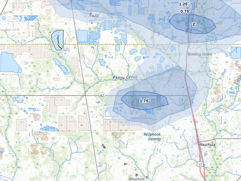 NEXRAD radar-signature map of the hail storm over Bowling Green, FL on Jul 12, 2026