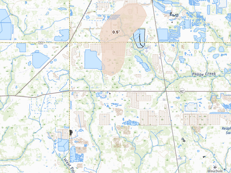 Radar-estimated hail-size map of the storm over Bowling Green, FL on Aug 21, 2026