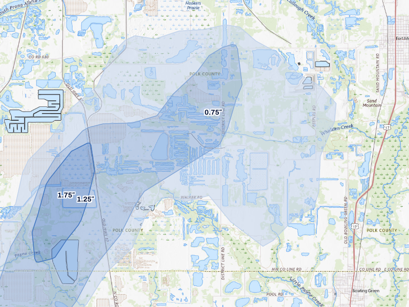 NEXRAD radar-signature map of the hail storm over Bowling Green, FL on Aug 21, 2026