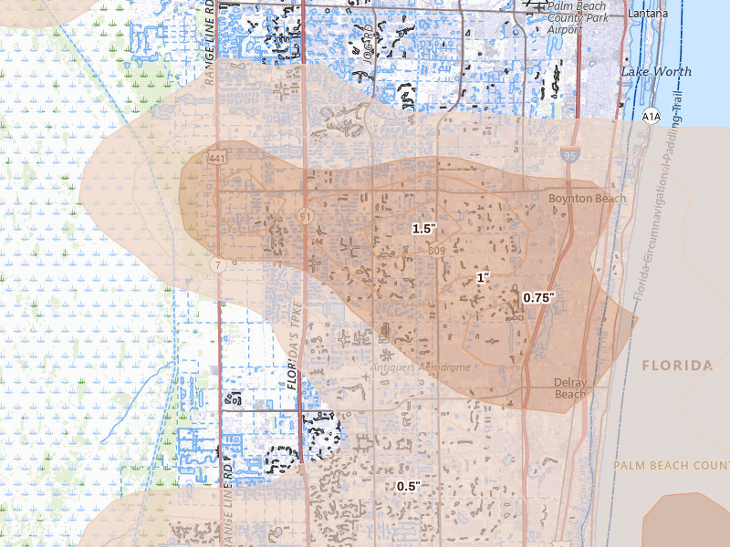 Radar-estimated hail-size map of the storm over Boynton Beach, FL on Feb 28, 2026