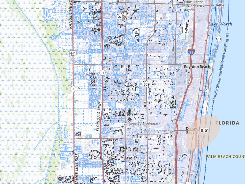 Radar-estimated hail-size map of the storm over Boynton Beach, FL on Jul 26, 2026
