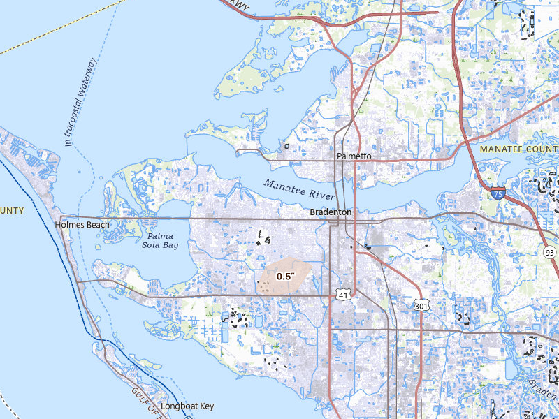 Radar-estimated hail-size map of the storm over Bradenton, FL on Aug 6, 2026