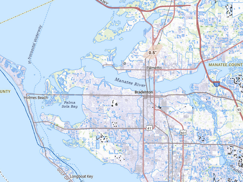 Radar-estimated hail-size map of the storm over Bradenton, FL on Aug 28, 2026