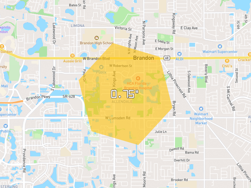 Hail map of Brandon, FL on Jun 26, 2026, hail up to 0.75"