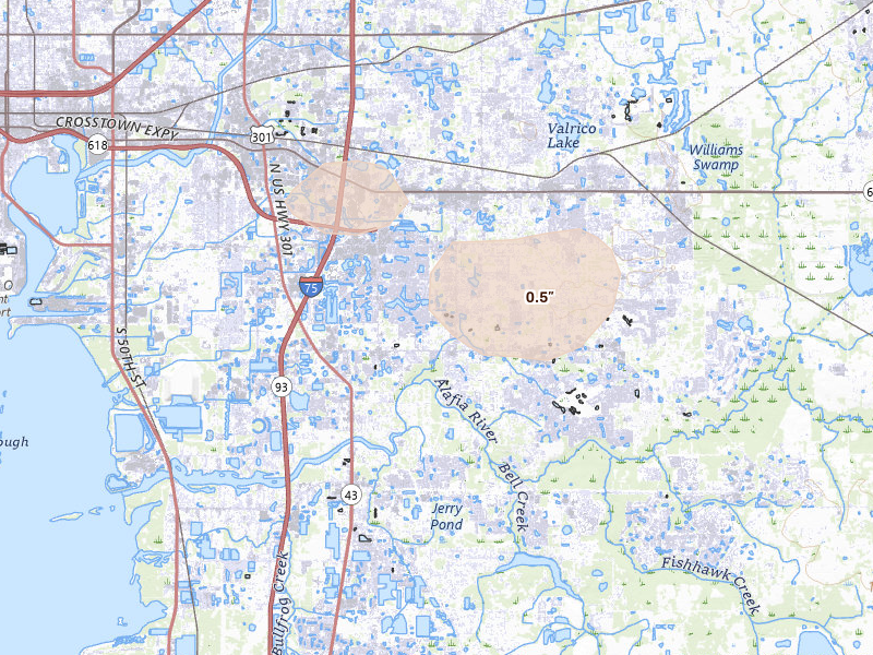 Radar-estimated hail-size map of the storm over Brandon, FL on Jun 30, 2026