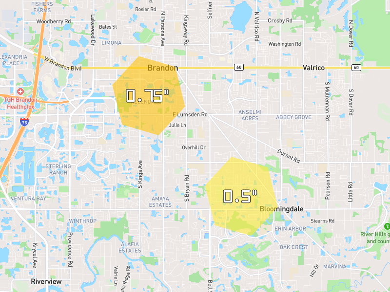 Hail map of Brandon, FL on Jun 30, 2026, hail up to 0.75"