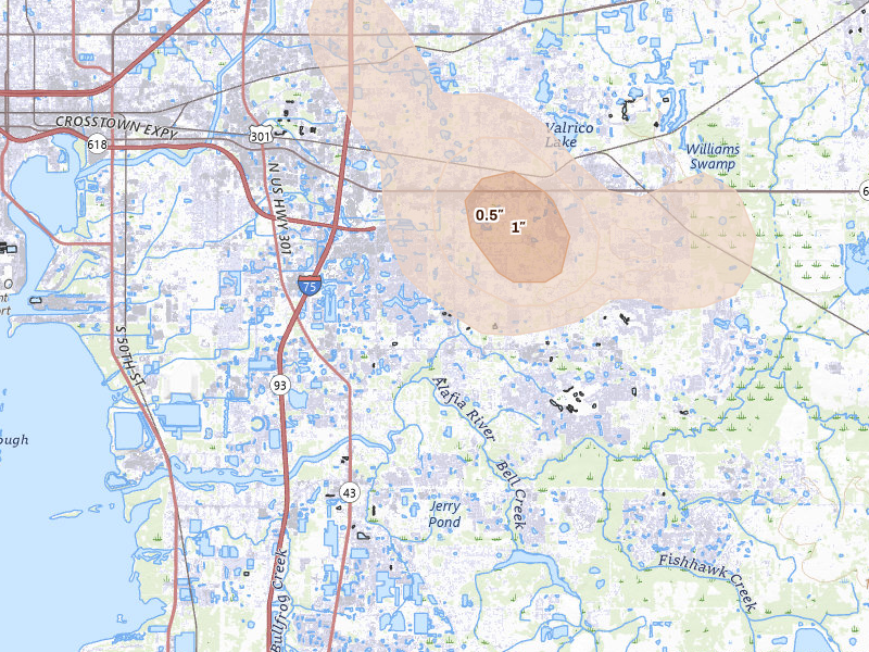 Radar-estimated hail-size map of the storm over Brandon, FL on Jul 10, 2026