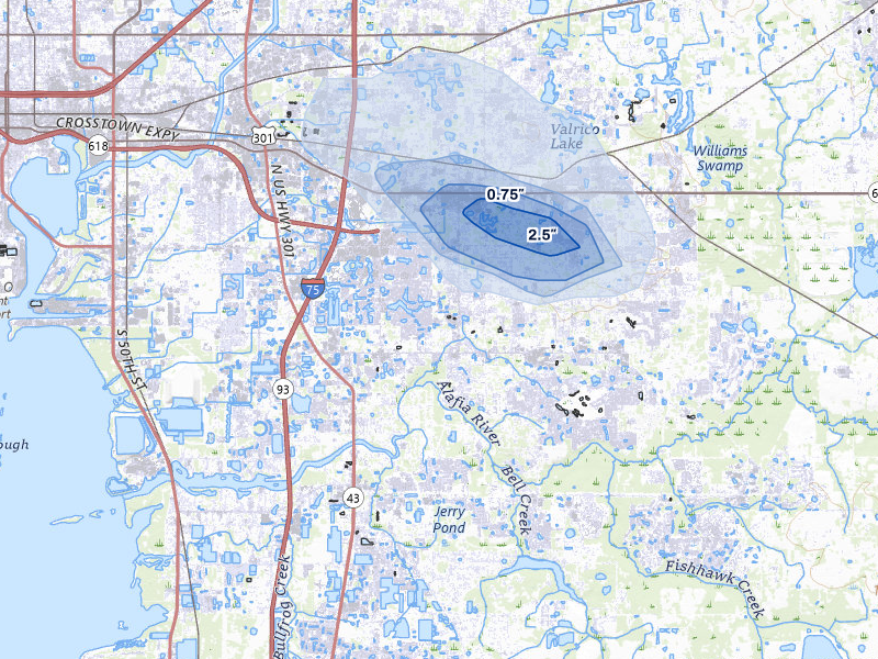 NEXRAD radar-signature map of the hail storm over Brandon, FL on Jul 10, 2026