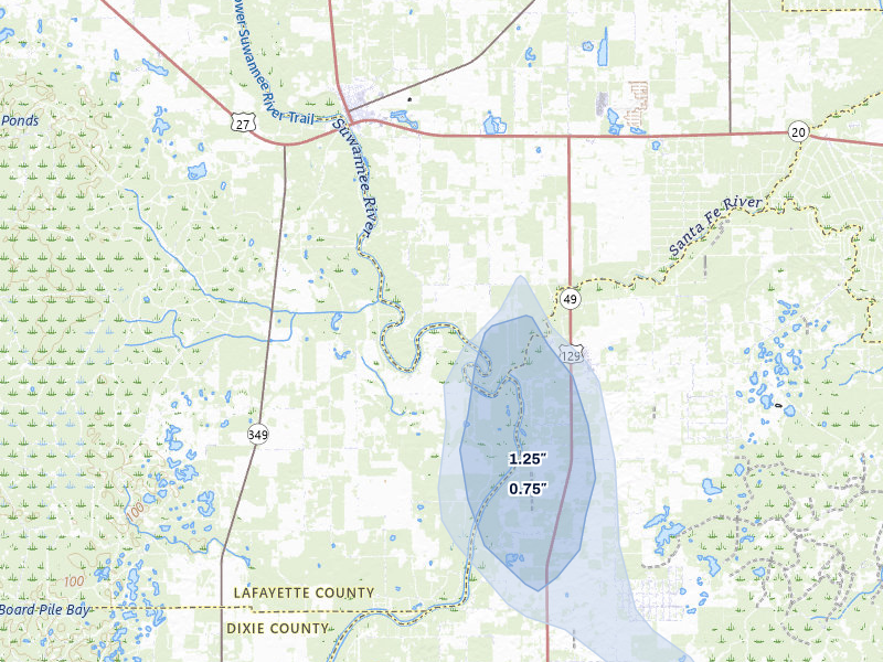 NEXRAD radar-signature map of the hail storm over Branford, FL on May 16, 2026