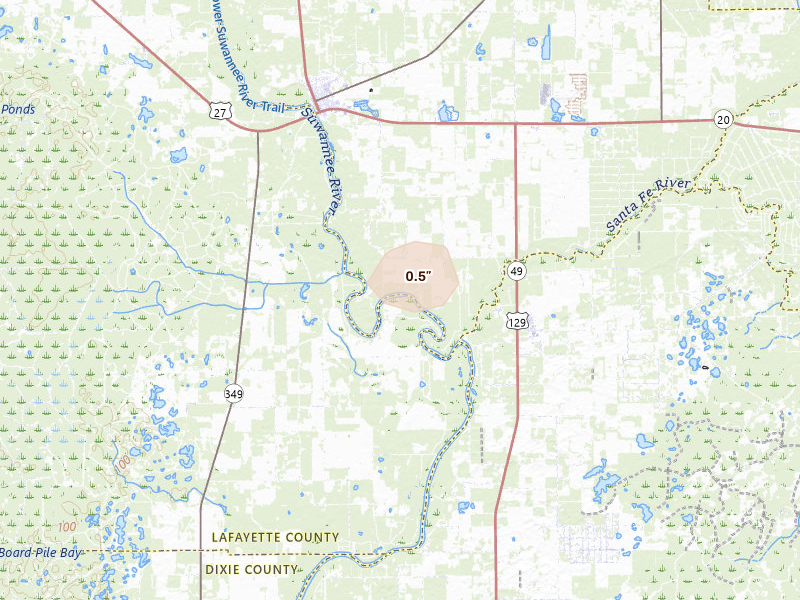 Radar-estimated hail-size map of the storm over Branford, FL on Jul 11, 2026