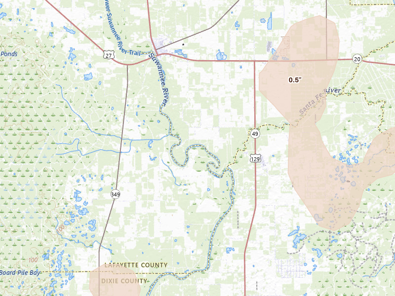 Radar-estimated hail-size map of the storm over Branford, FL on Jul 17, 2026