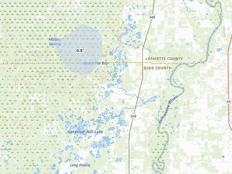 NEXRAD radar-signature map of the hail storm over Branford, FL on Aug 10, 2026