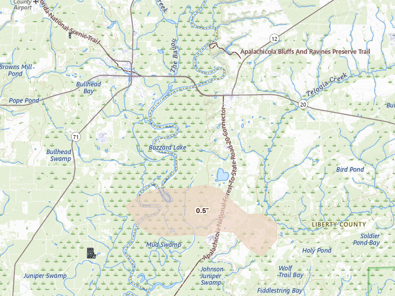 Radar-estimated hail-size map of the storm over Bristol, FL on Jul 30, 2026