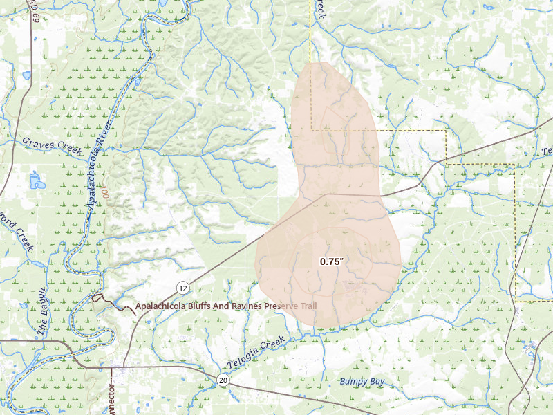 Radar-estimated hail-size map of the storm over Bristol, FL on Aug 26, 2026