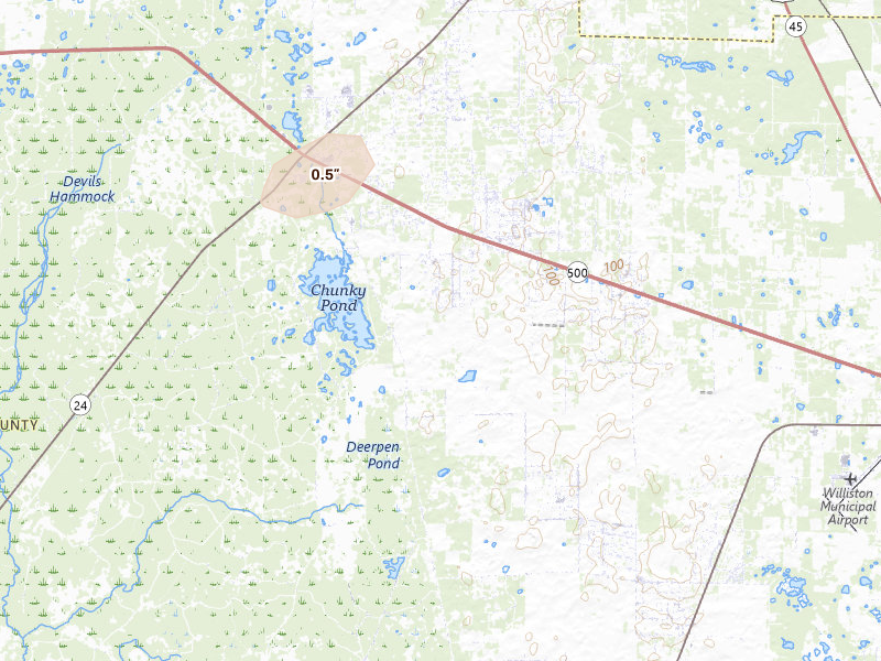 Radar-estimated hail-size map of the storm over Bronson, FL on Jun 20, 2026